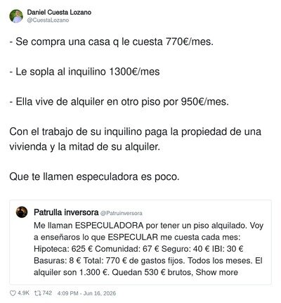 Especuladora es la que se compra una casa con la hipoteca de su inquilino