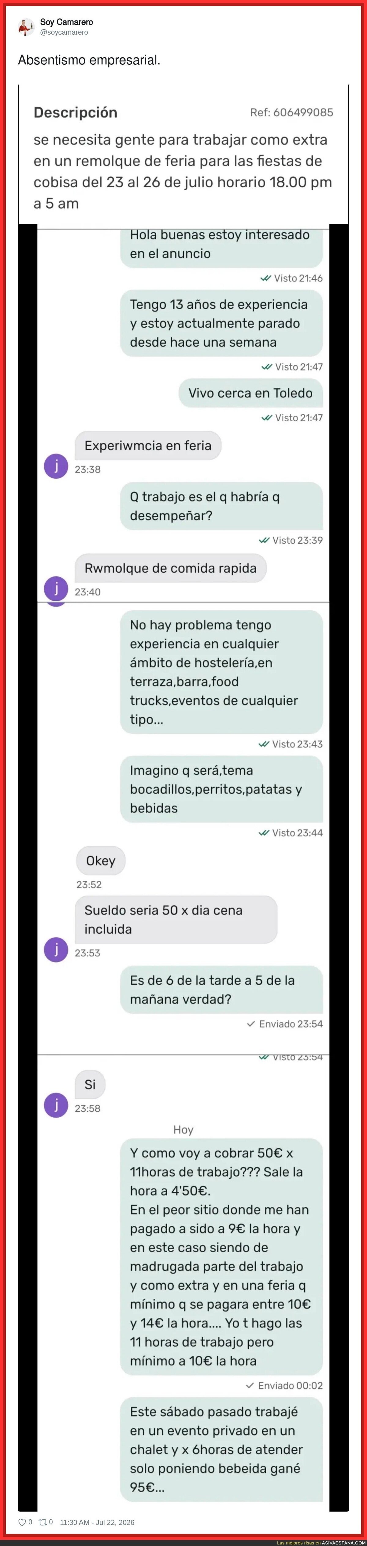 13 a&ntilde;os de experiencia para ganar 50&euro; por 11 horas trabajando en una feria a las 4 de la ma&ntilde;ana, s&iacute; se&ntilde;or, esto es vivir
