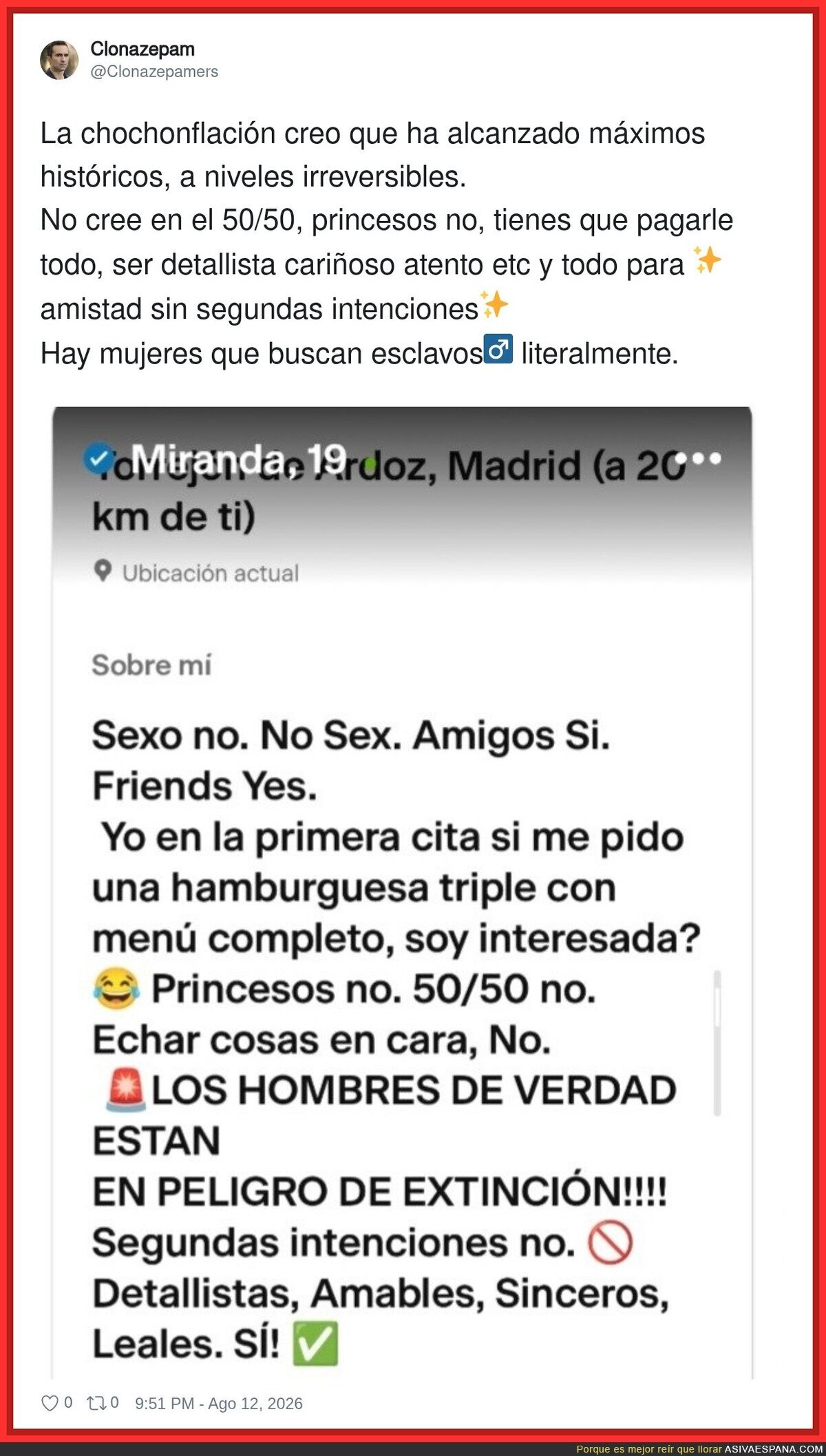 Las mujeres buscando hombres de verdad y los hombres de verdad buscando a alguien que no les pida una hamburguesa triple en la primera cita
