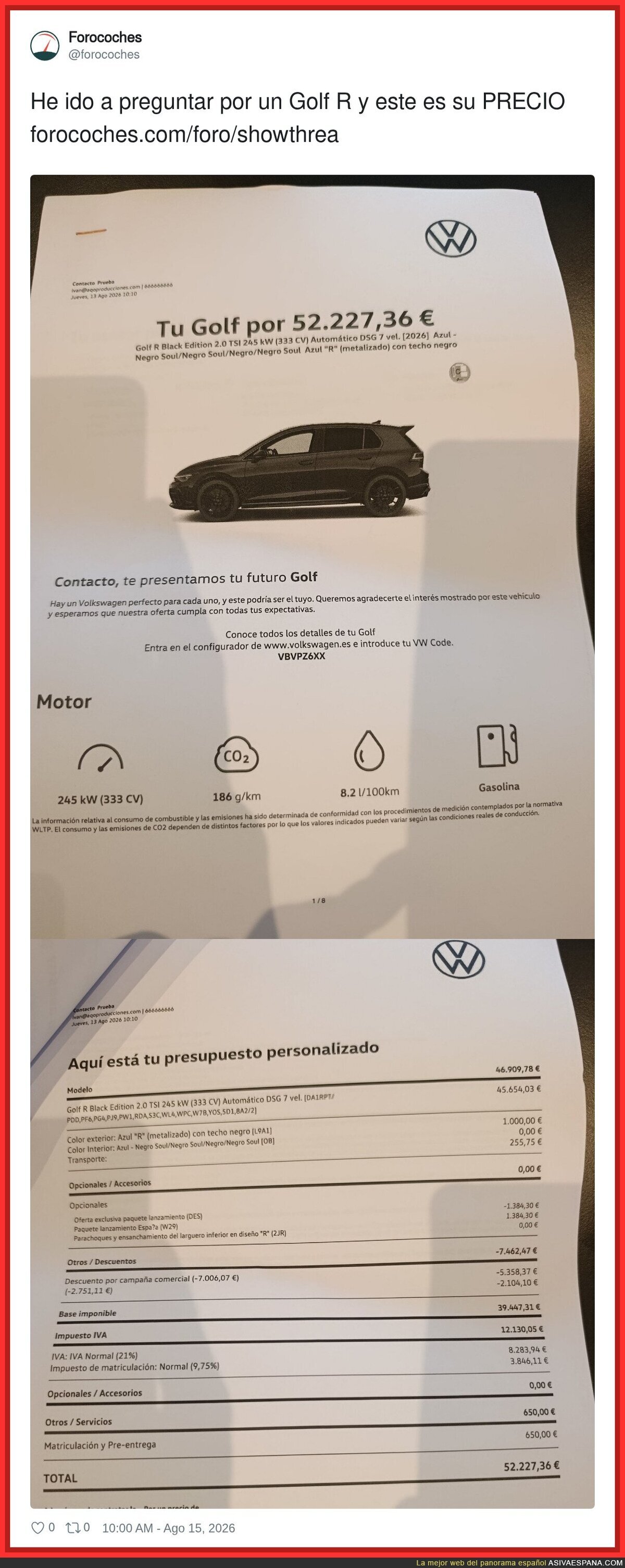 As&iacute; est&aacute;n los precios de los coches que un Golf R vale 52mil euros