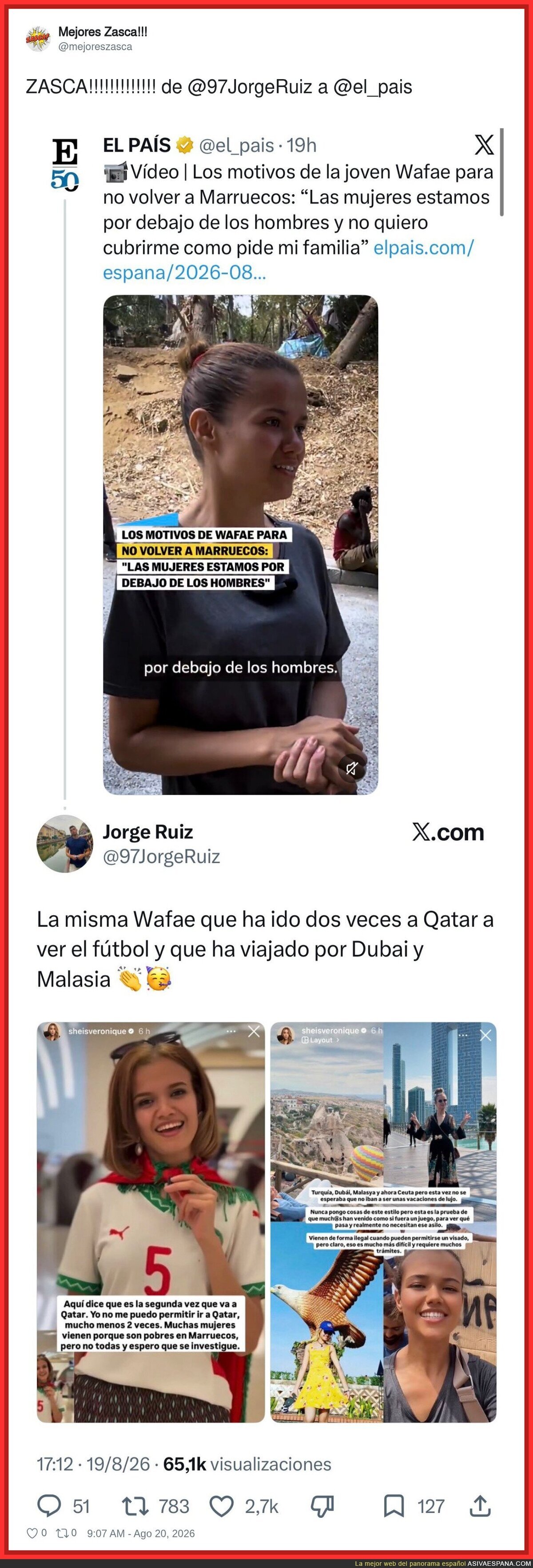"No vuelvo a Marruecos porque las mujeres estamos oprimidas" *se va a Qatar dos veces a ver f&uacute;tbol*