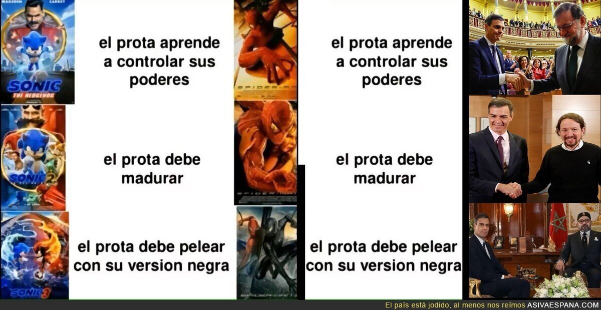 Trilog&iacute;a sanchista: moci&oacute;n, primera investidura con pablo, segunda investidura contra Marruecos - vi el meme original y no me pude resistir