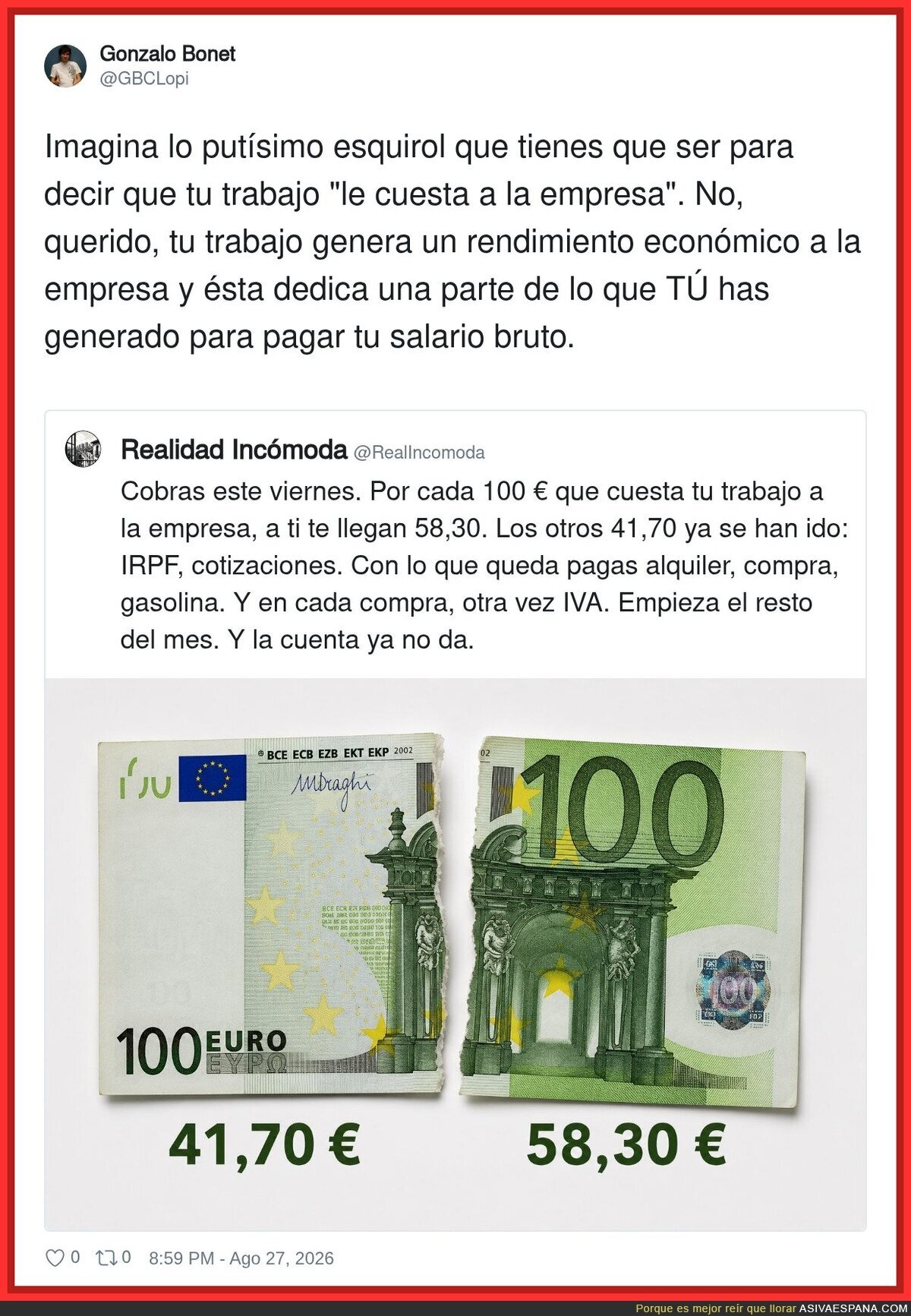 El tema es que aqu&iacute; de 100, te llegan 58