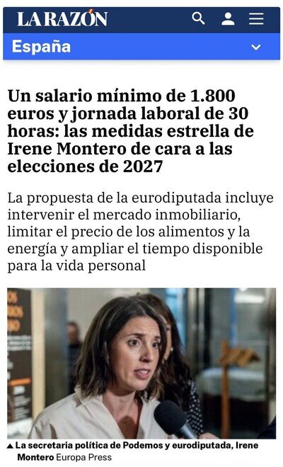 Irene Montero propone 1.800 euros al mes y 30 horas: b&aacute;sicamente, quiere que todos seamos influencers