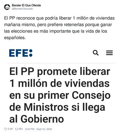 El PP: "Liberar 1 mill&oacute;n de viviendas es posible, pero perder unas elecciones es imposible"
