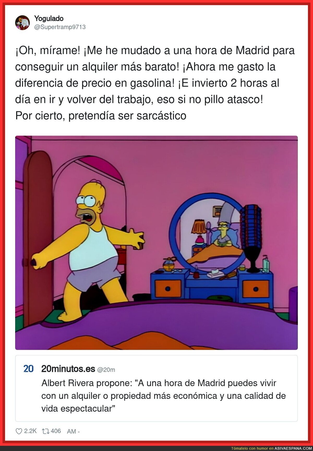 Me mud&eacute; a una hora de Madrid para ahorrar y ahora pierdo 2 horas diarias en tr&aacute;fico, pero oye, el alquiler est&aacute; 50 euros m&aacute;s barato