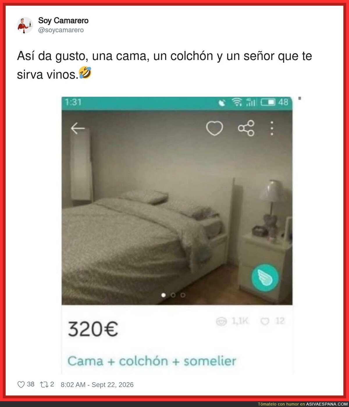 Por 320 euros te llevas la cama, el colch&oacute;n y el somelier