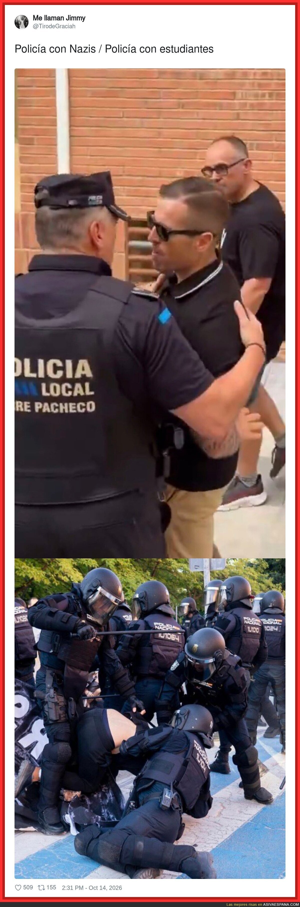 Polic&iacute;a con nazis: charla amistosa. Polic&iacute;a con estudiantes: placaje y rodilla en el cuello. Encuentra las diferencias