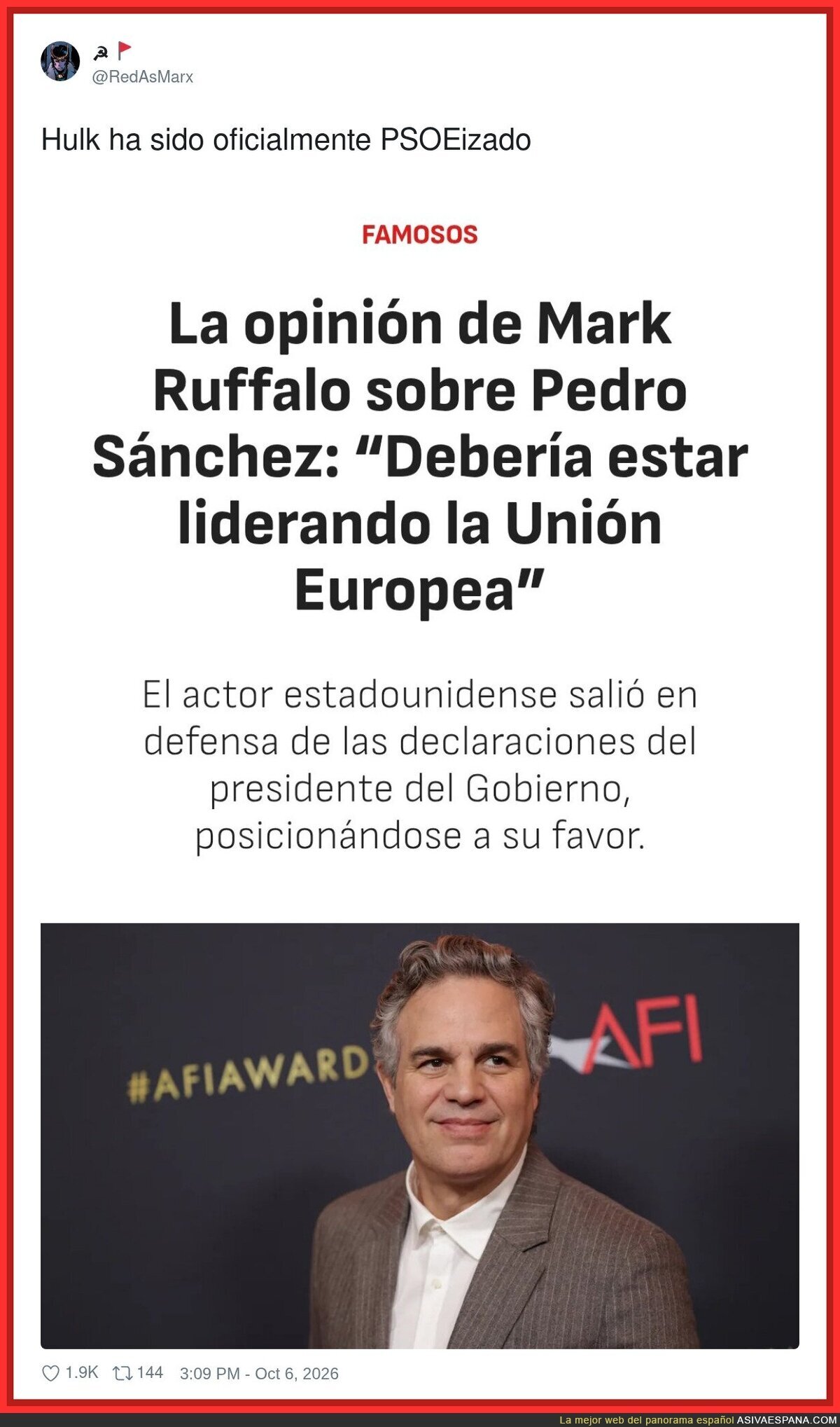 Mark Ruffalo opinando de pol&iacute;tica europea como si fuera a votar aqu&iacute;