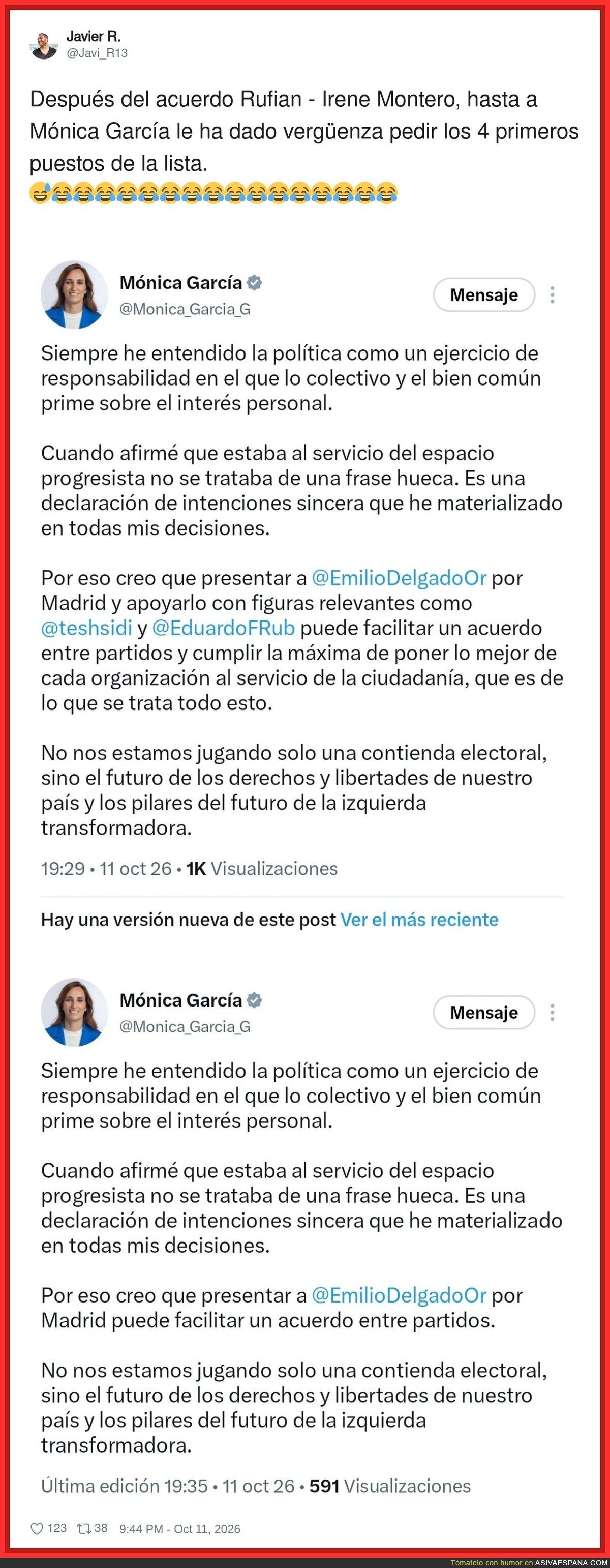 M&oacute;nica Garc&iacute;a tuitea que el bien com&uacute;n est&aacute; por encima del inter&eacute;s personal&hellip; y luego lo edita para quitar a los suyos de la lista. Altruismo con historial de ediciones