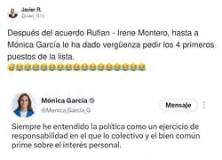 M&oacute;nica Garc&iacute;a tuitea que el bien com&uacute;n est&aacute; por encima del inter&eacute;s personal&hellip; y luego lo edita para quitar a los suyos de la lista. Altruismo con historial de ediciones