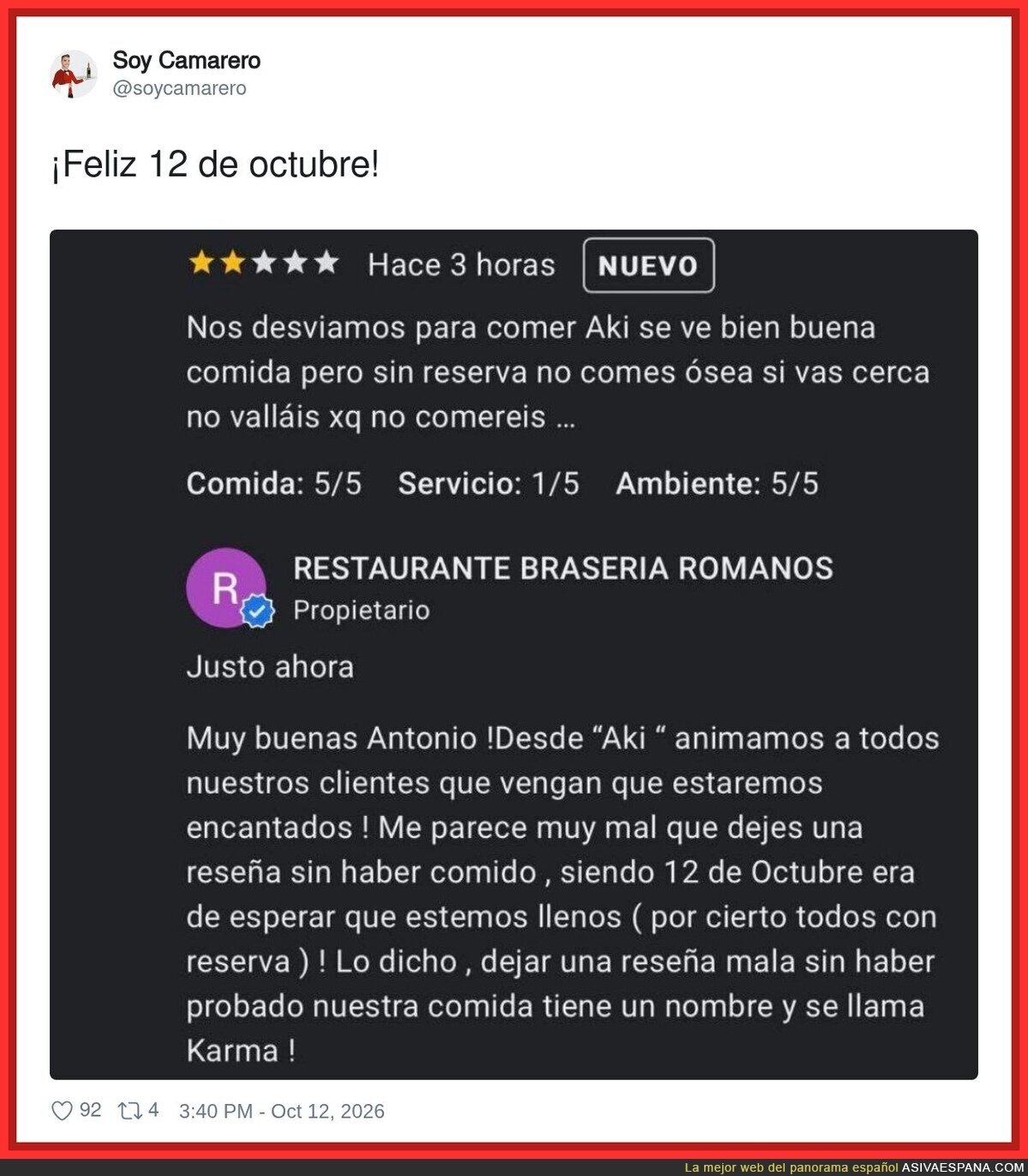 Rese&ntilde;a de una estrella sin haber comido y el due&ntilde;o responde con karma: la hosteler&iacute;a espa&ntilde;ola celebra el 12 de octubre