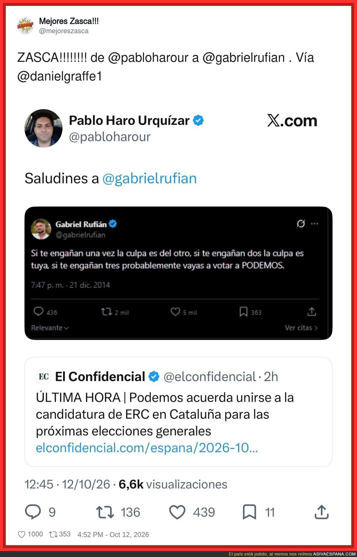 Rufi&aacute;n en 2014: "Si te enga&ntilde;an tres veces, vas a votar a Podemos". Rufi&aacute;n en 2026: pactando con Podemos