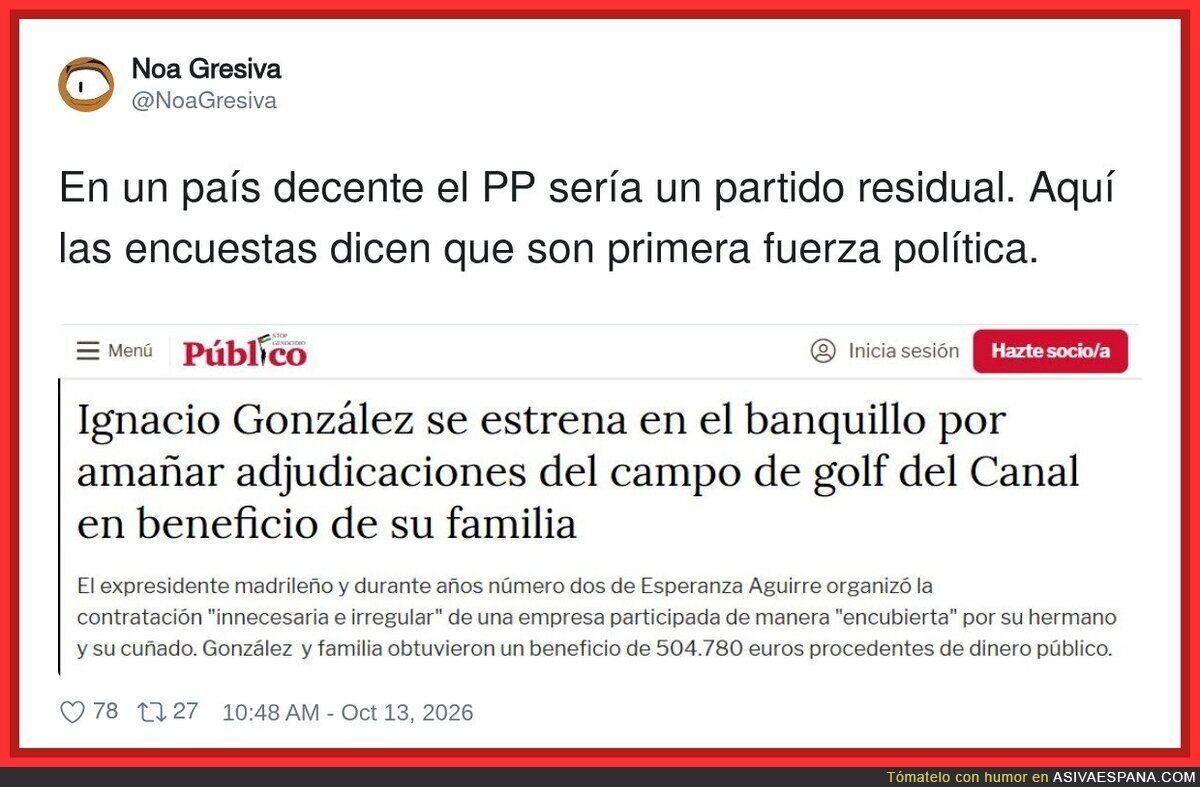Ignacio Gonz&aacute;lez, al banquillo por el golf del Canal: en otro pa&iacute;s el PP ser&iacute;a residual, aqu&iacute; va primero en las encuestas