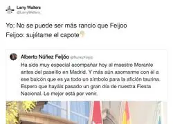 Feij&oacute;o celebra la Fiesta Nacional en el balc&oacute;n con Morante: cuando crees que no puede ser m&aacute;s rancio, te pide que le sujetes el capote