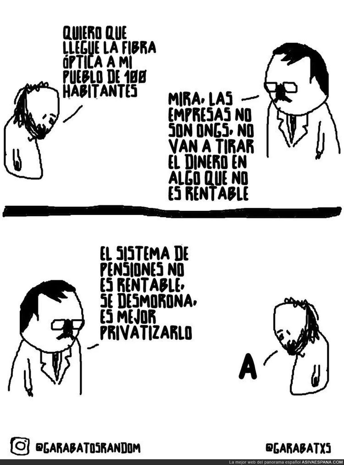 Llevar fibra a un pueblo no es rentable, as&iacute; que no se hace; las pensiones tampoco, as&iacute; que hay que privatizarlas: la l&oacute;gica del liberal de garaje