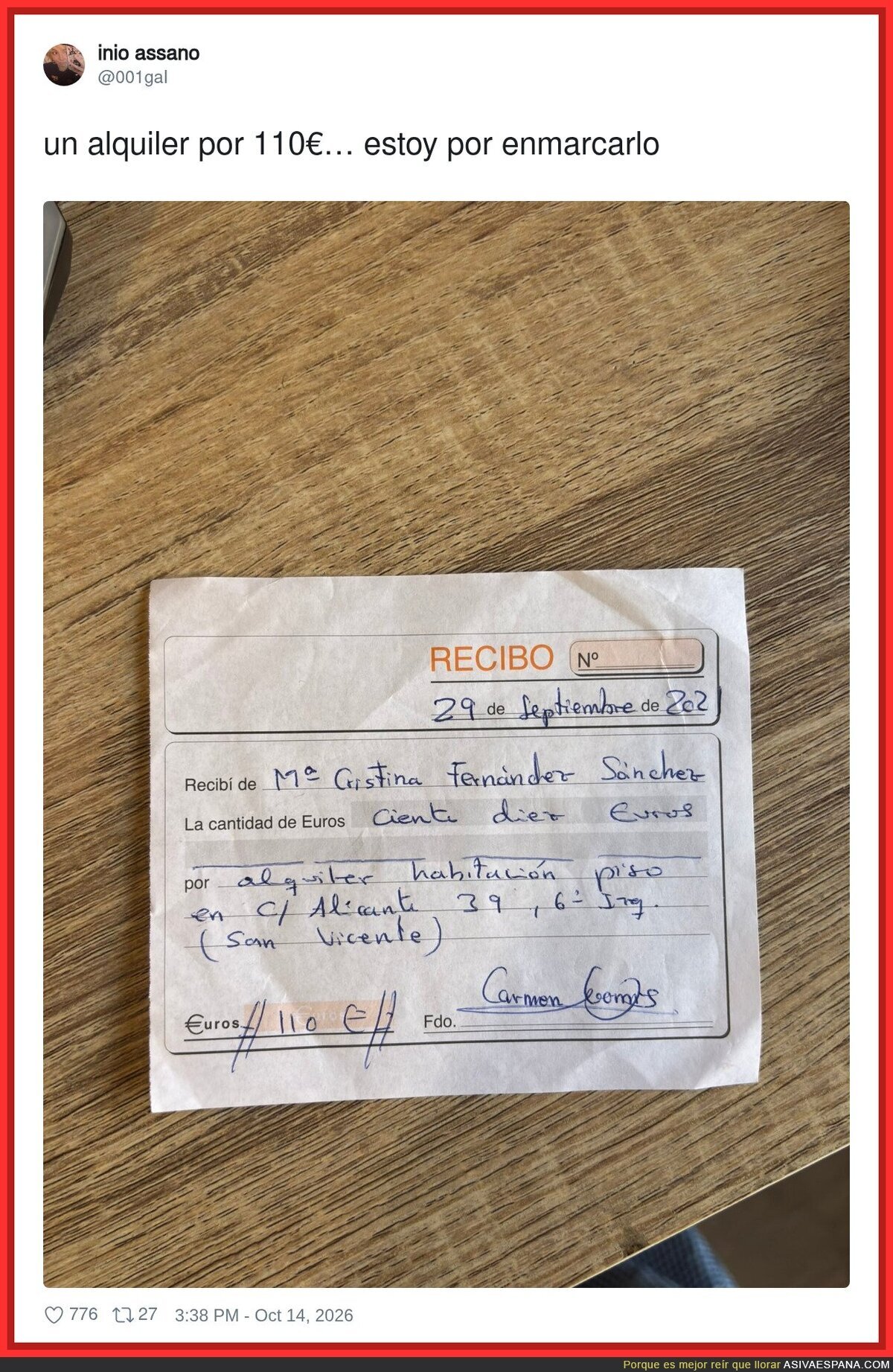 Un alquiler de 110 &euro; con recibo escrito a mano: en la Espa&ntilde;a de 2026 esto ya se enmarca como si fuera un Picasso