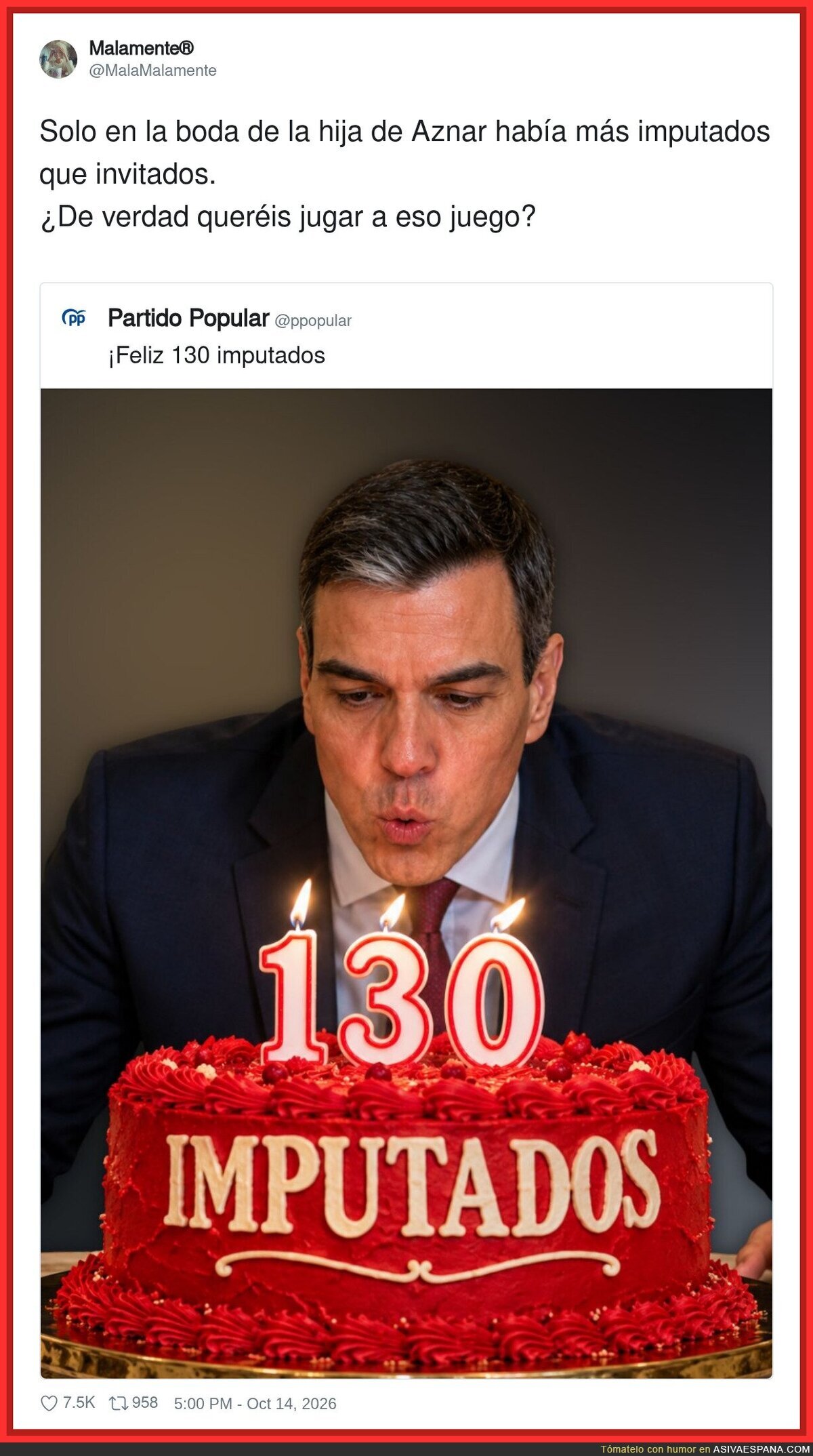 El PP celebra los 130 imputados del PSOE con tarta y le recuerdan que en la boda de la hija de Aznar había más imputados que invitados
