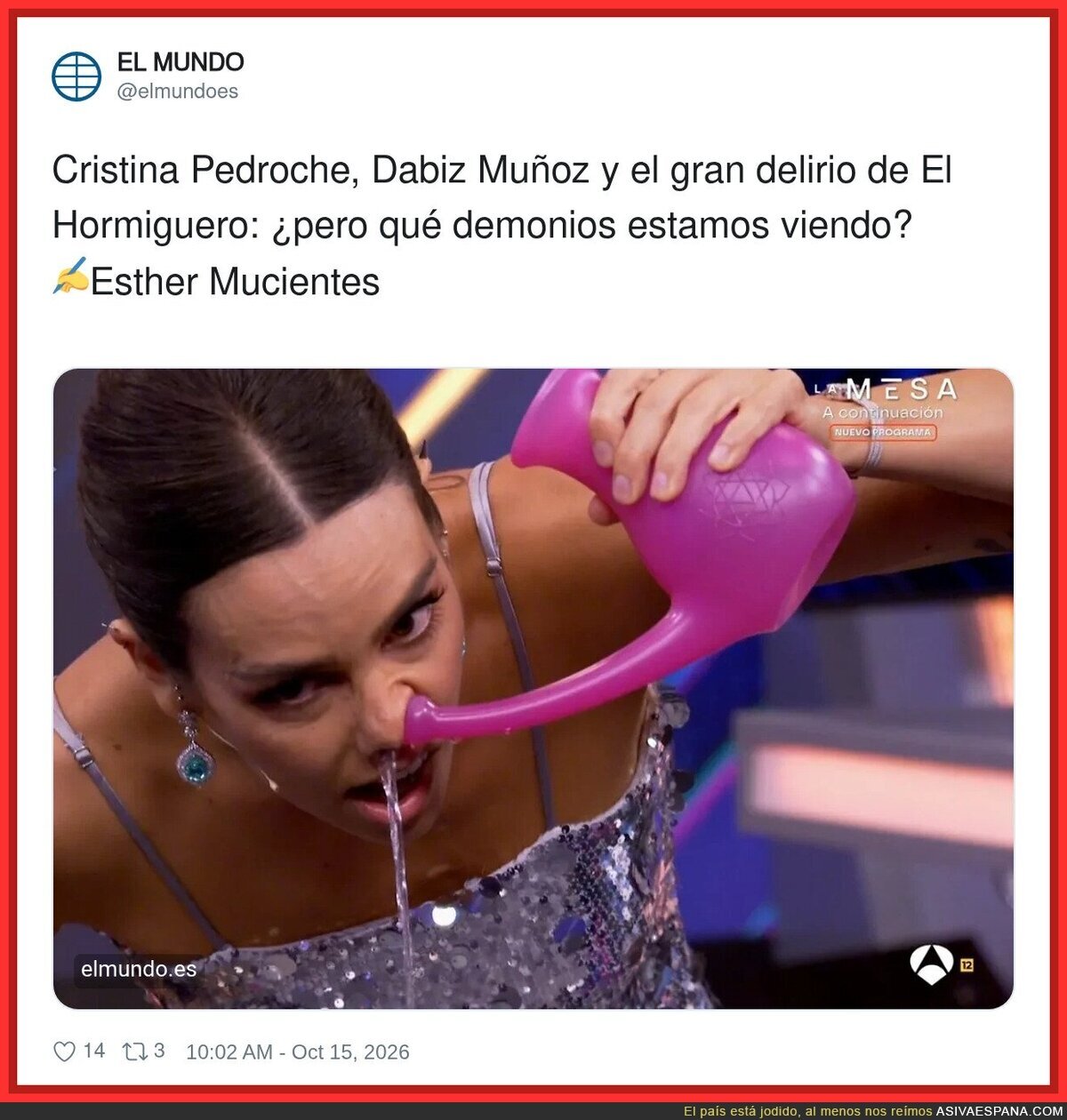Cristina Pedroche haci&eacute;ndose un lavado nasal en El Hormiguero: la televisi&oacute;n cultural espa&ntilde;ola en su m&aacute;ximo esplendor