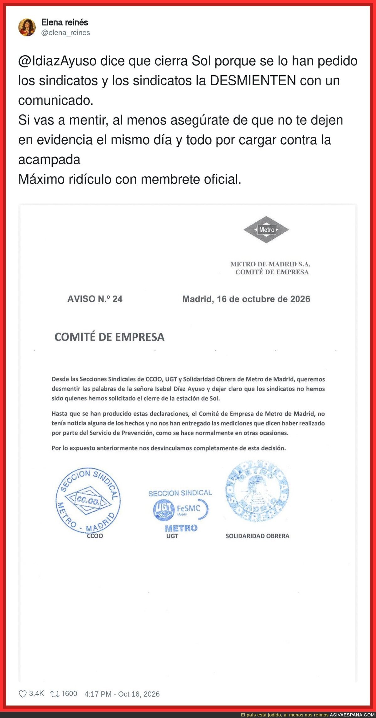 Ayuso cierra Sol porque &laquo;se lo pidieron los sindicatos&raquo; y los sindicatos la desmienten el mismo d&iacute;a: mentir con membrete oficial ya es deporte ol&iacute;mpico