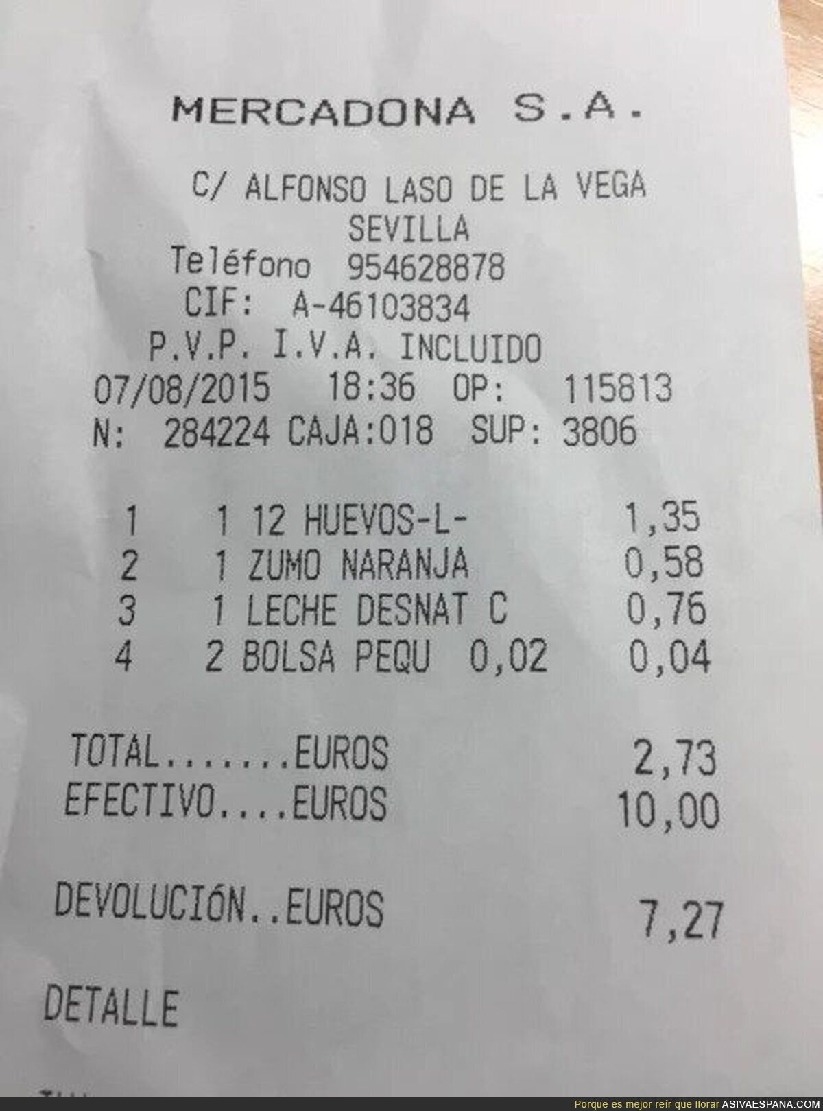 Ticket de Mercadona de 2015: 2,73 euros por huevos, zumo y leche, pronto expuesto en el Museo Arqueológico Nacional