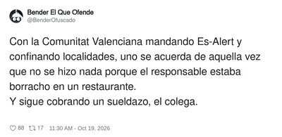 Valencia manda Es-Alert por todo y medio pueblo recuerda cuando la alerta lleg&oacute; tarde porque el president estaba de sobremesa