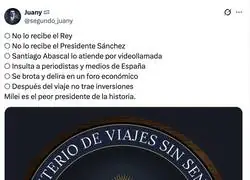Milei se va de Espa&ntilde;a sin Rey, sin S&aacute;nchez y con el escudo oficial del Ministerio de Viajes Sin Sentido
