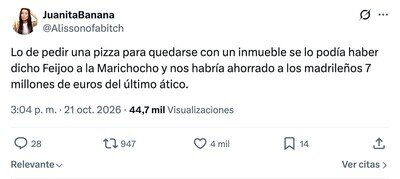Feij&oacute;o revela el m&eacute;todo pizza para conseguir pisos y Madrid pide la factura del &aacute;tico