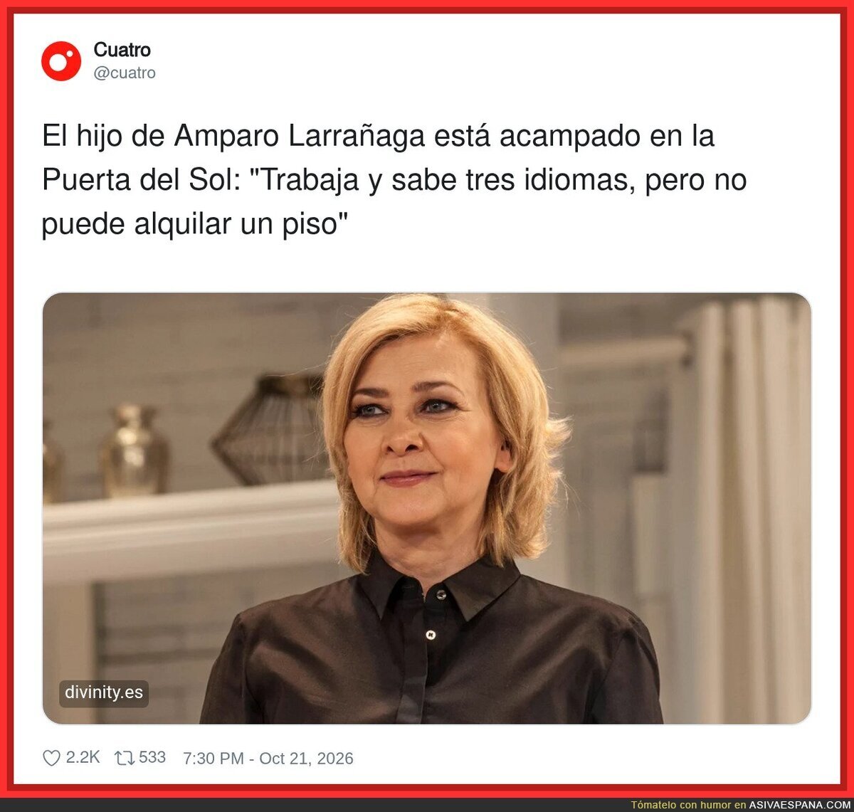 El hijo de Amparo Larra&ntilde;aga acampa en Sol: ni el apellido de actriz da para un alquiler en Madrid