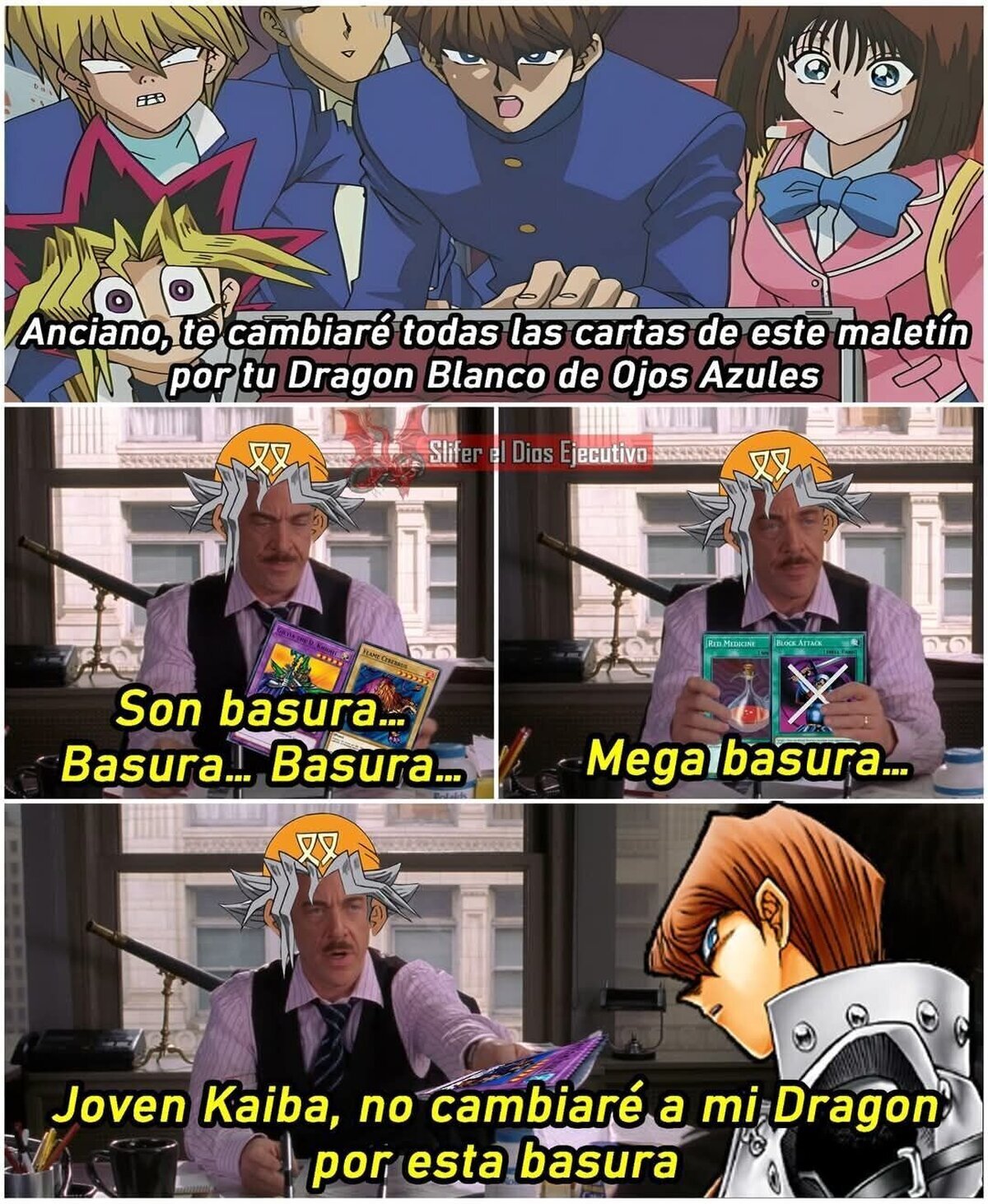 Kaiba intentando engañar al abuelo de Yugi