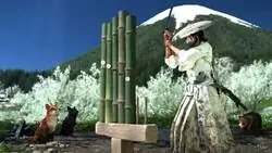 Los zorritos en Yotei celebran si pasas el minijuego del bambu correctamente