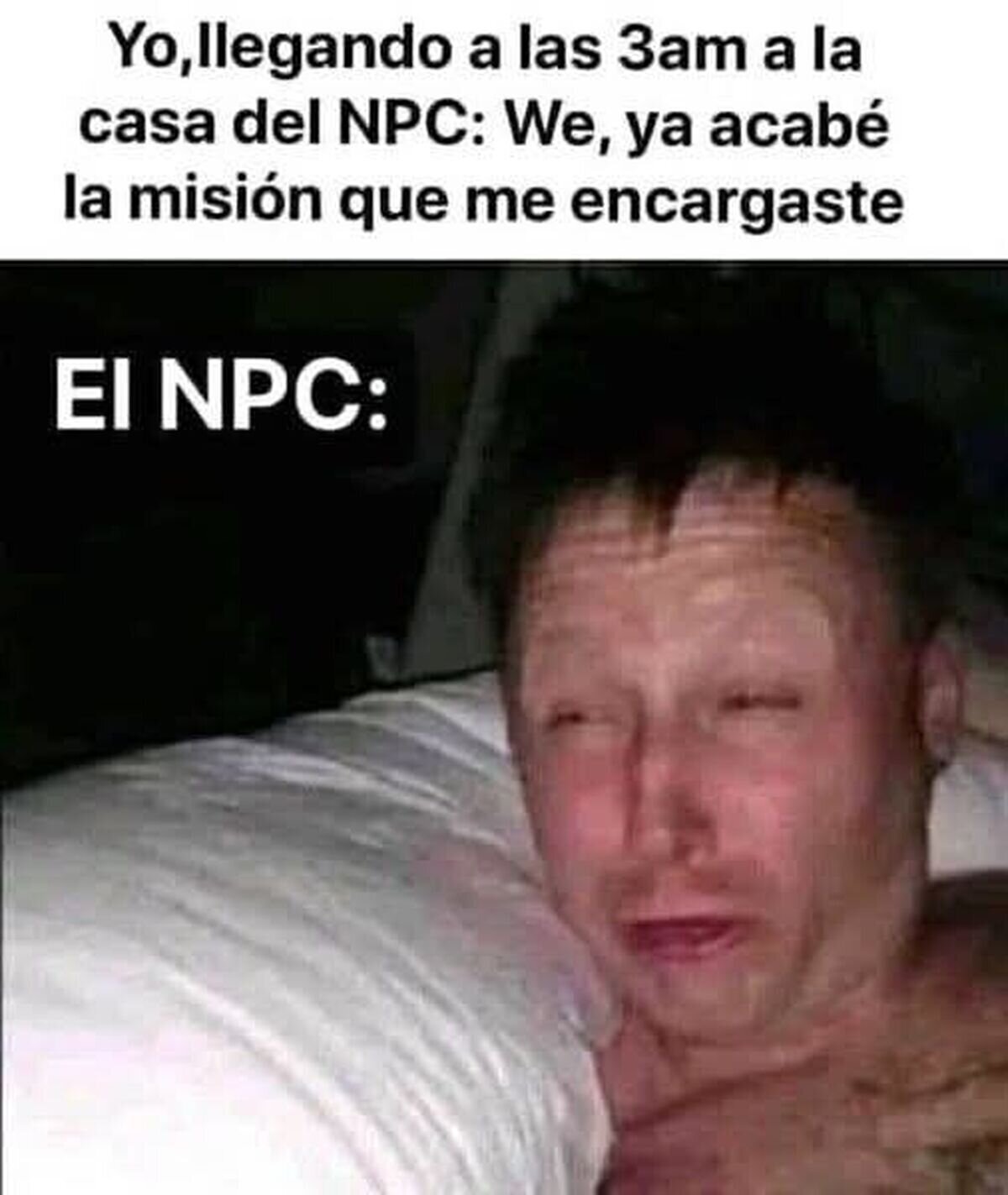 Yo a las 3am: misi&oacute;n completada. El NPC: bro...
