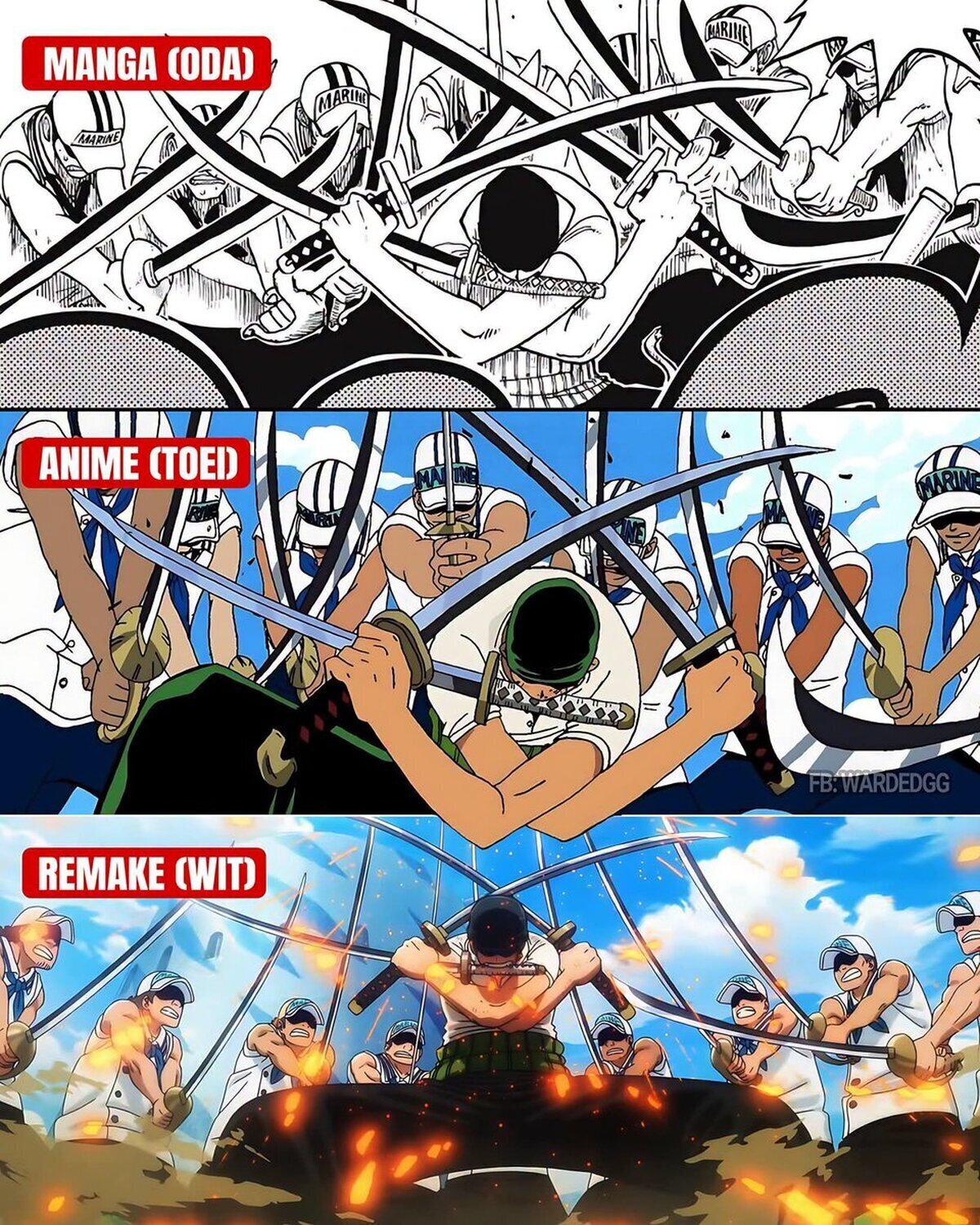 El santoryu de Zoro en 3 versiones distintas
