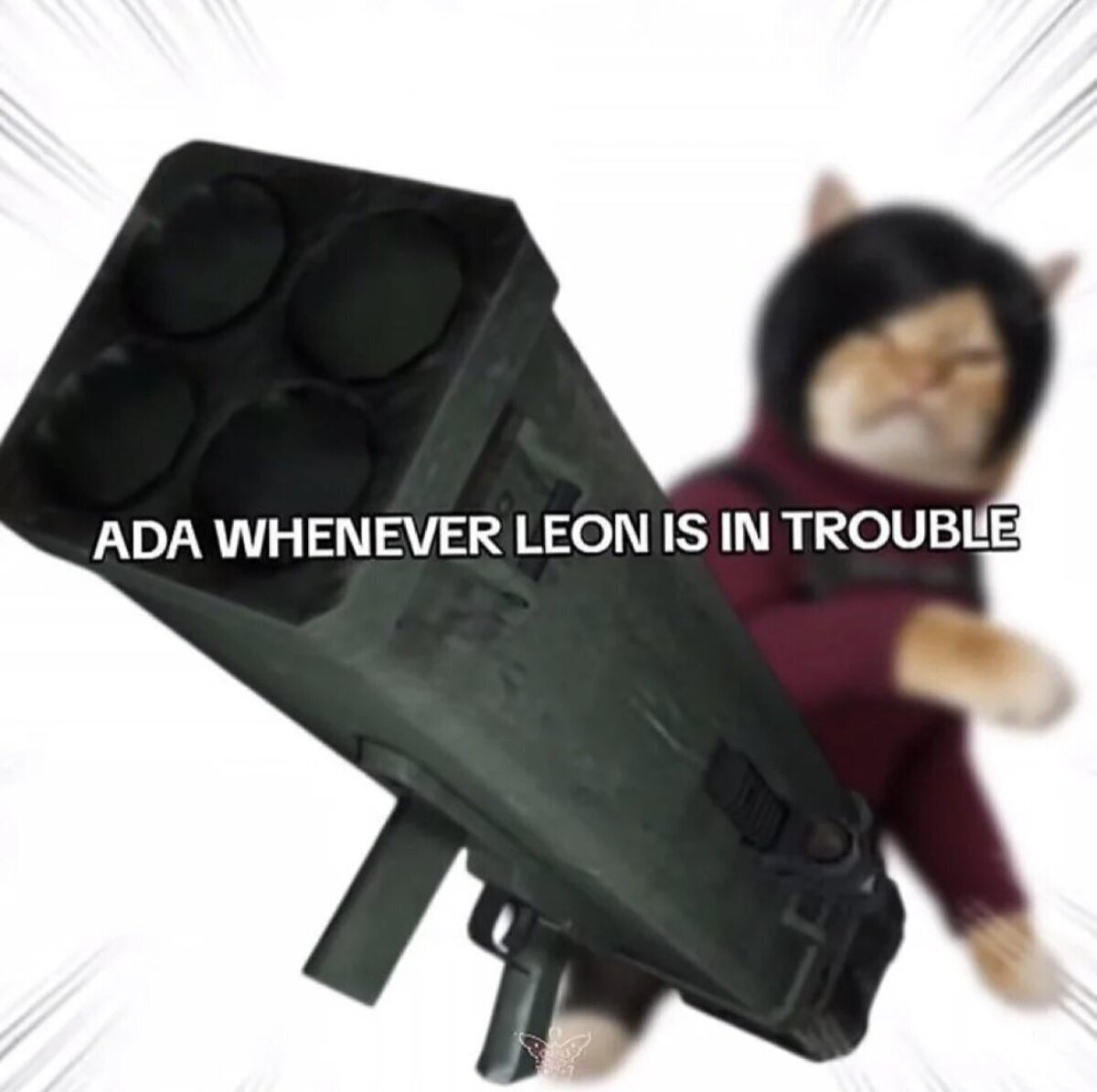 Ada sacando el lanzacohetes porque Leon no sabe ni atarse los cordones