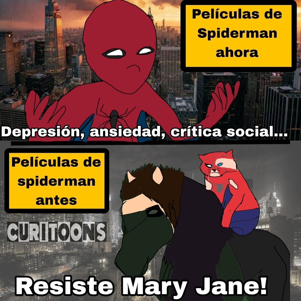 Spiderman descubriendo que ahora tiene que hacer terapia en lugar de salvar el mundo